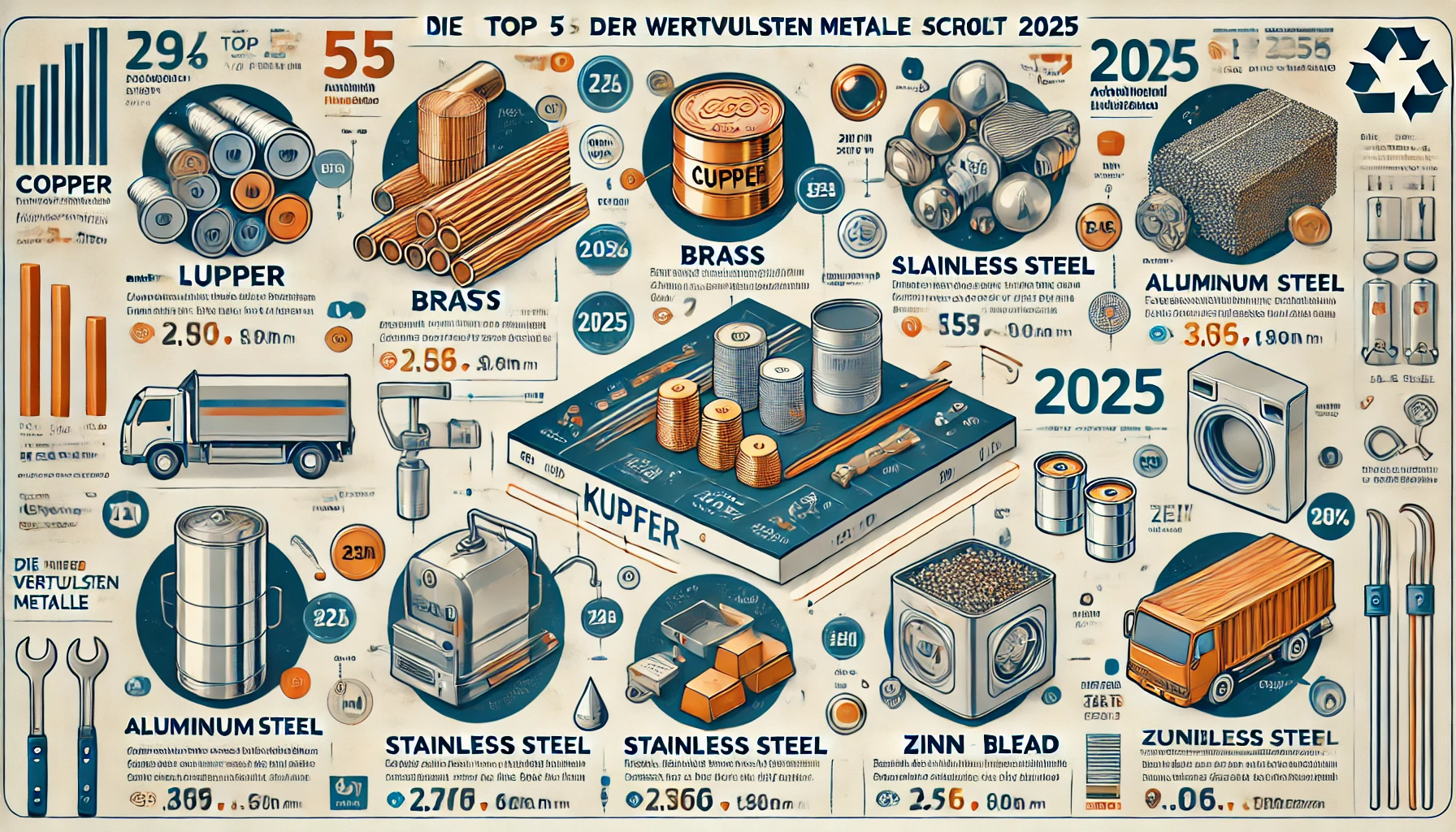 Infografik mit den fünf wertvollsten Metallen im Schrott 2025: Kupfer, Messing, Aluminium, Edelstahl sowie Zinn/Blei. Darstellung mit Preisangaben pro Kilogramm in Euro und typischen Einsatzbereichen wie Kabel, Sanitärarmaturen, Fensterrahmen und Batterien.