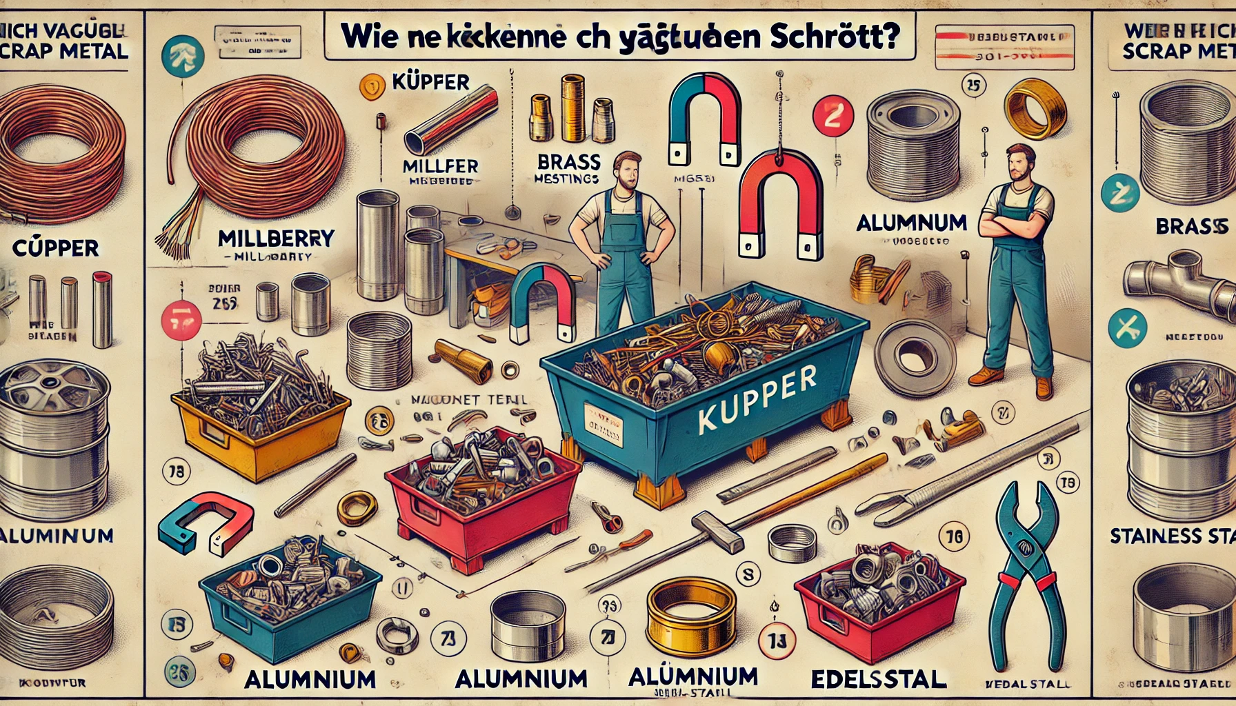 Infografik: Anleitung zur Erkennung von wertvollem Schrott im Jahr 2025. Darstellung von Kupfer, Messing, Aluminium und Edelstahl mit Magnettest, Farbmuster und Gewichtsanalyse.