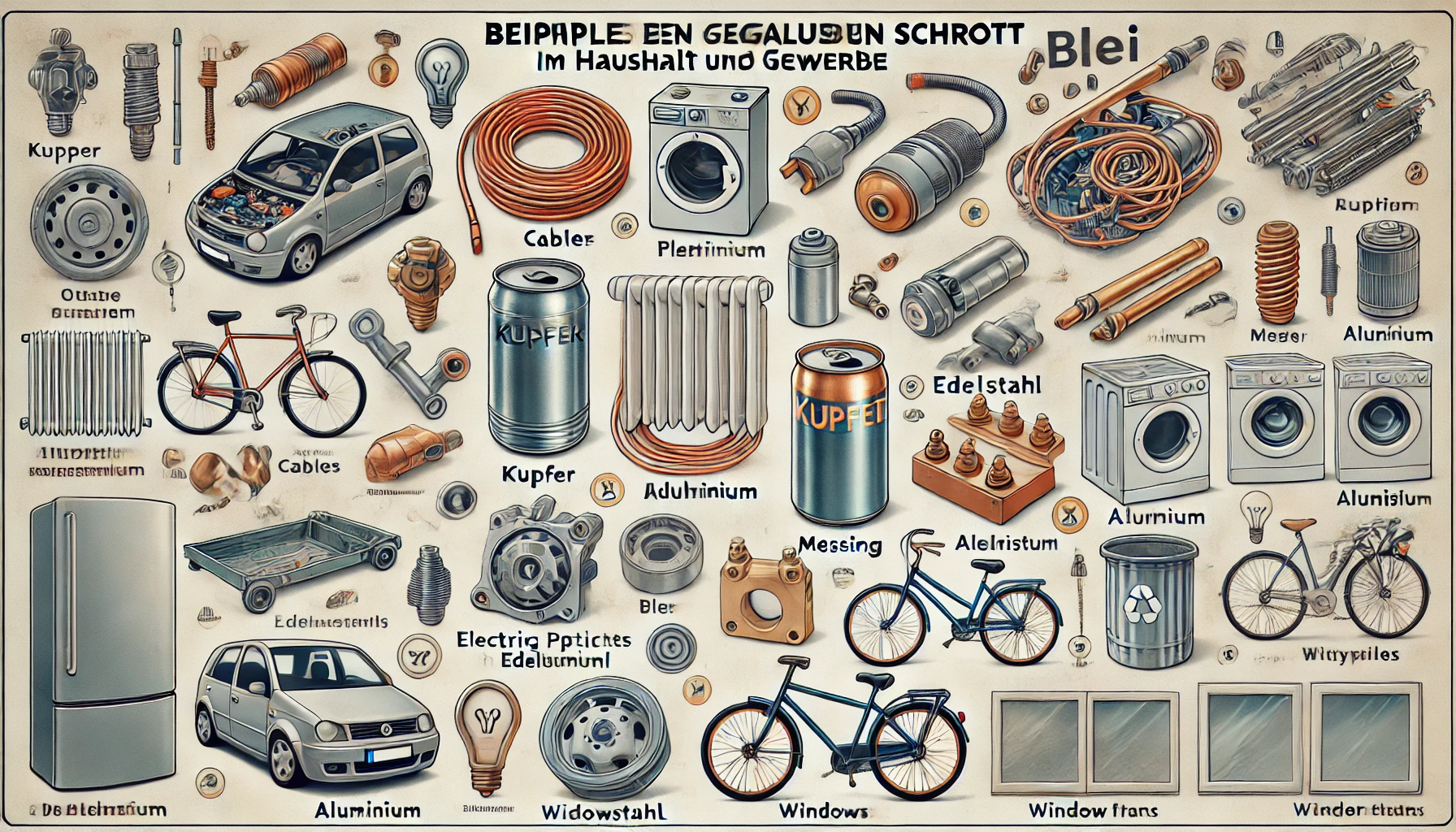 Infografik mit typischen Beispielen für wertvollen Schrott im Haushalt und Gewerbe 2025. Dargestellt sind alte Kabel, Sanitärarmaturen, Autoteile, Elektrogeräte, Fensterrahmen und Fahrräder mit Angabe der enthaltenen Metalle wie Kupfer, Aluminium, Messing und Edelstahl.